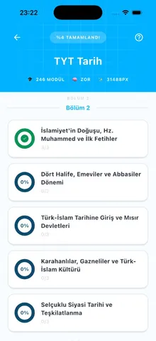 Edlyne ders detay ekranı — TYT Tarih modülleri ve tamamlanma durumu