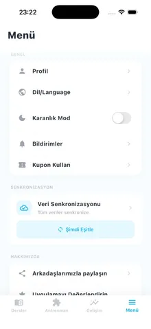 Edlyne menü ekranı — profil, senkronizasyon ve uygulama ayarları